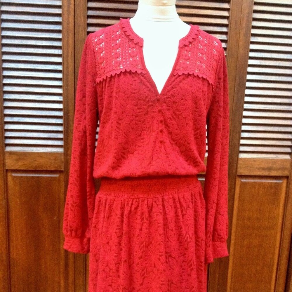 Anthropologie Leifnotes Red Floral Festival Peasant Crochet Lace Dress Size M